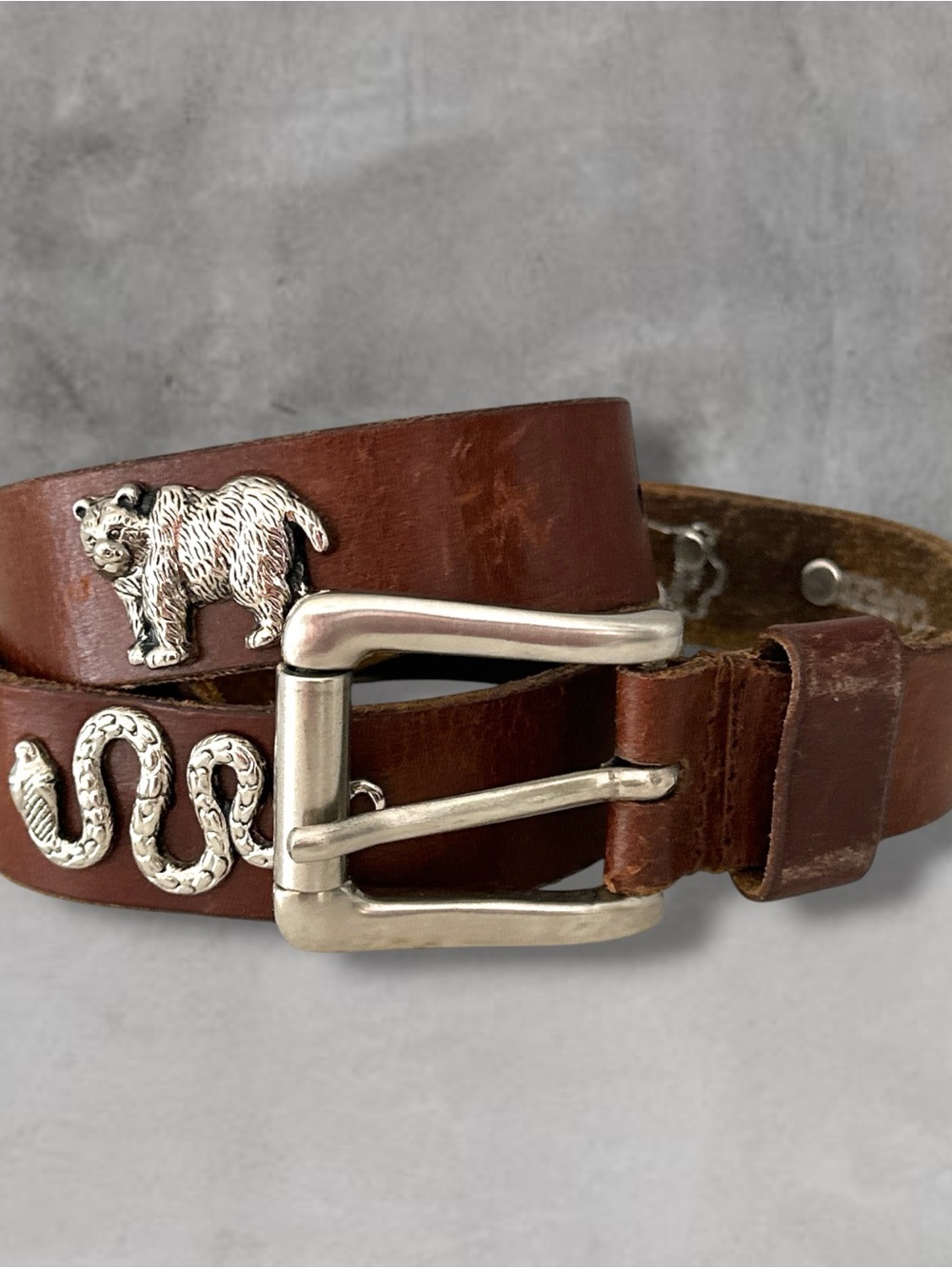 VINTAGE CAPEZIO LEATHER BELT METAL ANIMAL CONCHOS M/L BEAR, SNAKE LIZARD - Picture 2 of 13